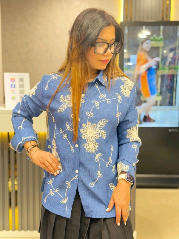 SKU 1800 Embroidered Pastel Shirt - Blue, Free Size M TO XXL