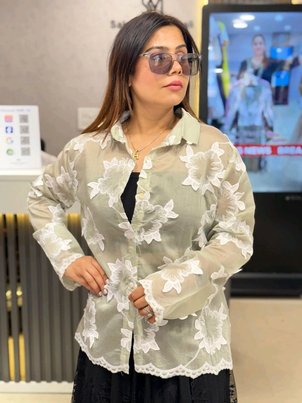 SKU 1815 Sheer Elegance Floral Embroidered Button-Down Shirt - Tea Green, Free Size M TO XXL