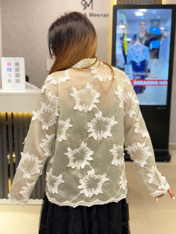 SKU 1815 Sheer Elegance Floral Embroidered Button-Down Shirt - Tea Green, Free Size M TO XXL