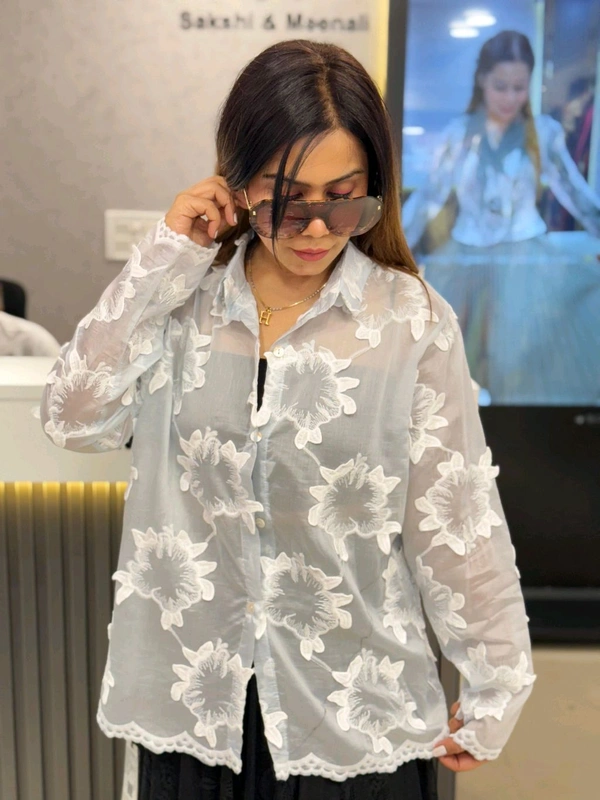 SKU 1815 Sheer Elegance Floral Embroidered Button-Down Shirt - Free Size M TO XXL, Blue