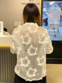 SKU 1815 Sheer Elegance Floral Embroidered Button-Down Shirt - Free Size M TO XXL, Blue