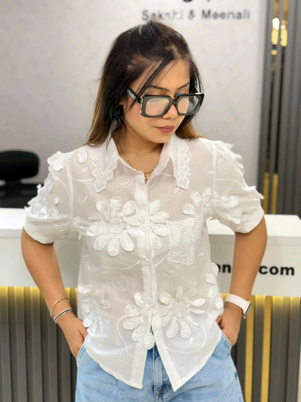 SKU  1831 Beautiful Self Embroidered Shirt - White, Free Size M TO XL