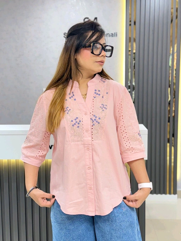 SKU  1830 Floral Embroidered Cotton Shirts – Pastel Elegance  - Pink, Free Size M TO XL