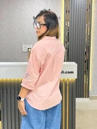 SKU  1830 Floral Embroidered Cotton Shirts – Pastel Elegance  - Pink, Free Size M TO XL