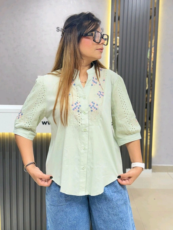SKU  1830 Floral Embroidered Cotton Shirts – Pastel Elegance  - Free Size M TO XL, Green