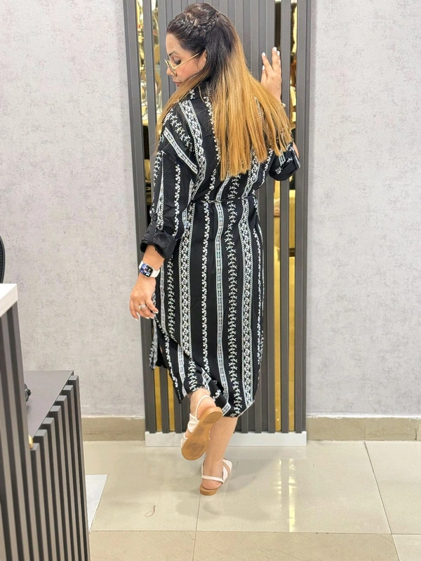 SKU  1829 Boho Thread Embroidered Shirt Dress – Black with White Detailing - Black, Free Size M TO XXL