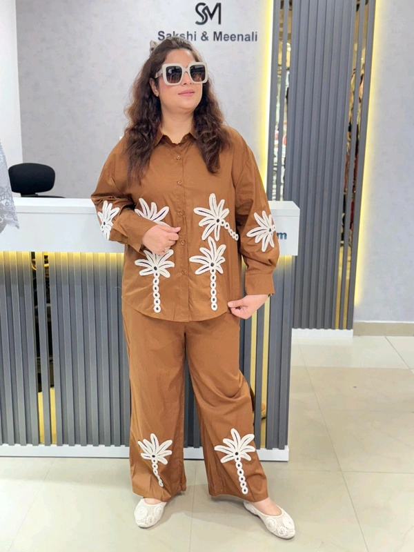 SKU 1828 Palm Embroidered Cords – Tropical Chic Vibes - Brown, Free Size M To XXXL