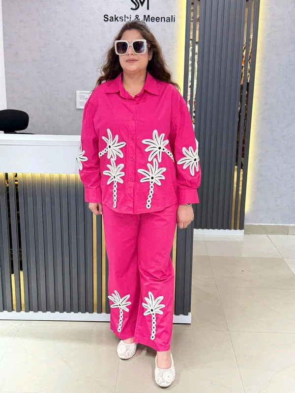 SKU 1828 Palm Embroidered Cords – Tropical Chic Vibes - Hot Pink, Free Size M To XXXL