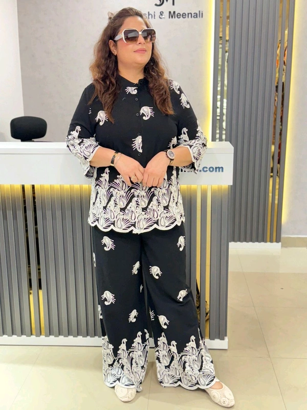 SKU  1827 Premium Black & White Peacock Embroidered Co-ord Set - Black, Free Size M TO XXL