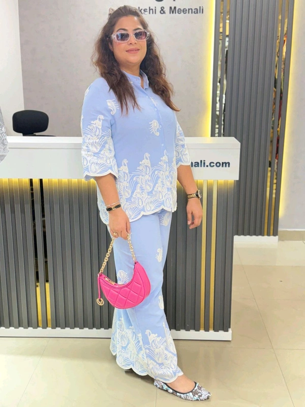 SKU  1827 Premium Black & White Peacock Embroidered Co-ord Set - Light Blue, Free Size M TO XXL