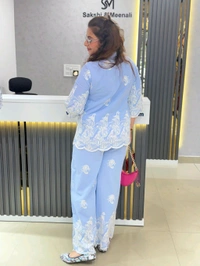 SKU  1827 Premium Black & White Peacock Embroidered Co-ord Set - Light Blue, Free Size M TO XXL