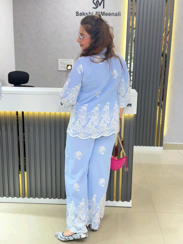 SKU  1827 Premium Black & White Peacock Embroidered Co-ord Set - Light Blue, Free Size M TO XXL