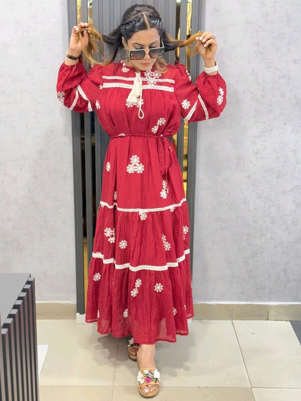 SKU  1826 Beautiful Dress With Embroidery And Belt - Maroon, Free Size M TO XXL