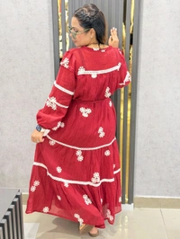 SKU  1826 Beautiful Dress With Embroidery And Belt - Maroon, Free Size M TO XXL