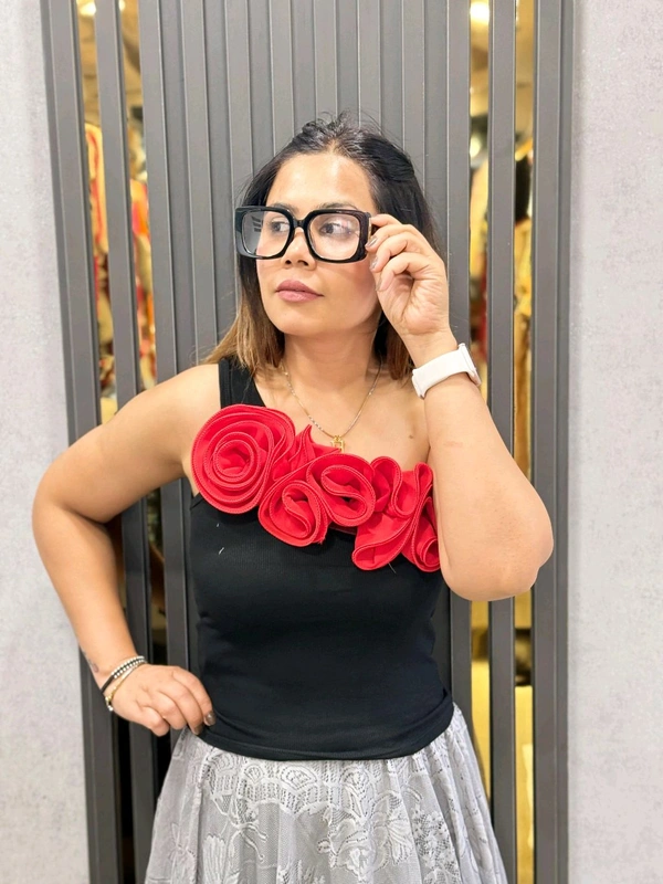 SKU  1832 Beautiful Top With Flower Detailing  - Black, Free Size S To Xl