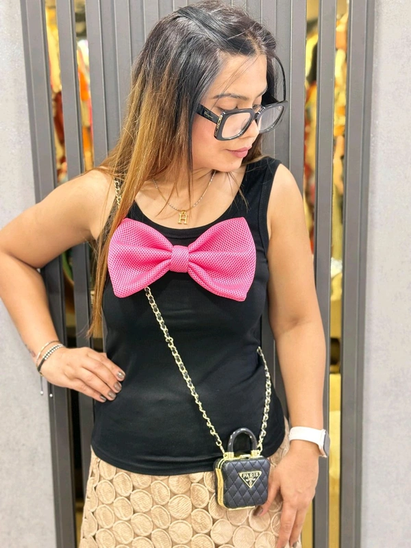 SKU  1832 Beautiful Top With Bow Detailing  - Black, Free Size S To Xl