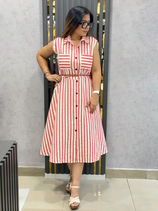 SKU 1823 Beautiful Stripes Dress With Belt - Pink, Free Size M TO XXL