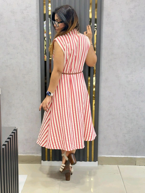 SKU 1823 Beautiful Stripes Dress With Belt - Pink, Free Size M TO XXL
