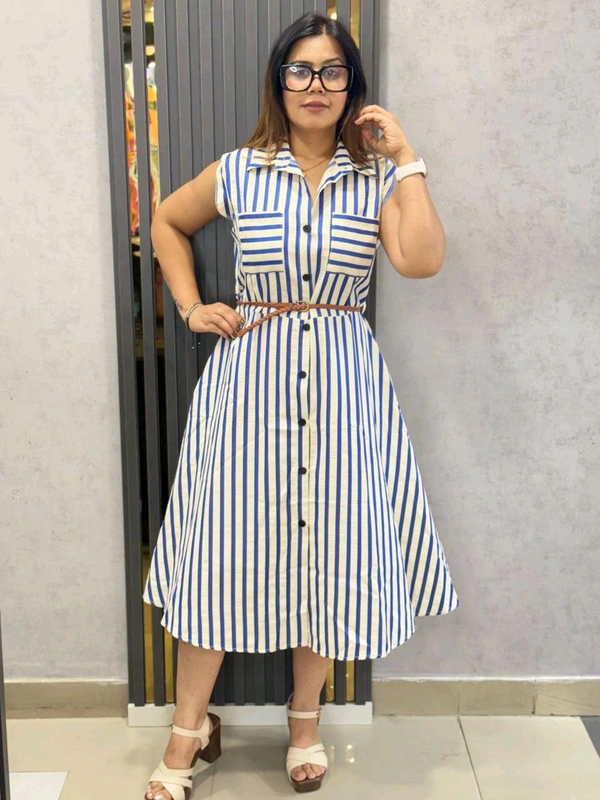 SKU 1823 Beautiful Stripes Dress With Belt - Blue, Free Size M TO XXL