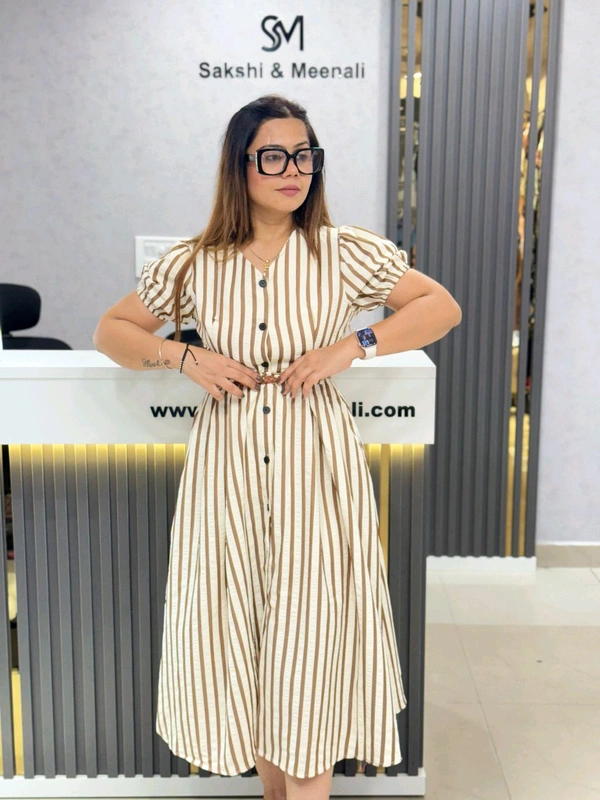 SKU 1822 Beautiful Stripes Dress With Belt - Free Size M TO XXL, Brown