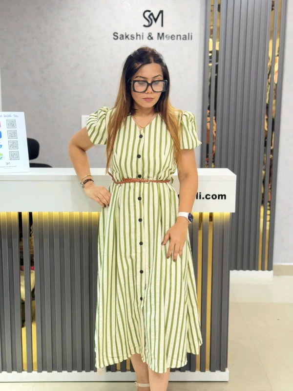 SKU 1822 Beautiful Stripes Dress With Belt - Free Size M TO XXL, Green