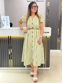 SKU 1822 Beautiful Stripes Dress With Belt - Free Size M TO XXL, Green