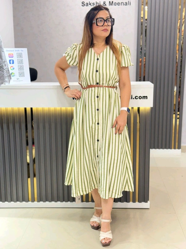 SKU 1822 Beautiful Stripes Dress With Belt - Free Size M TO XXL, Green