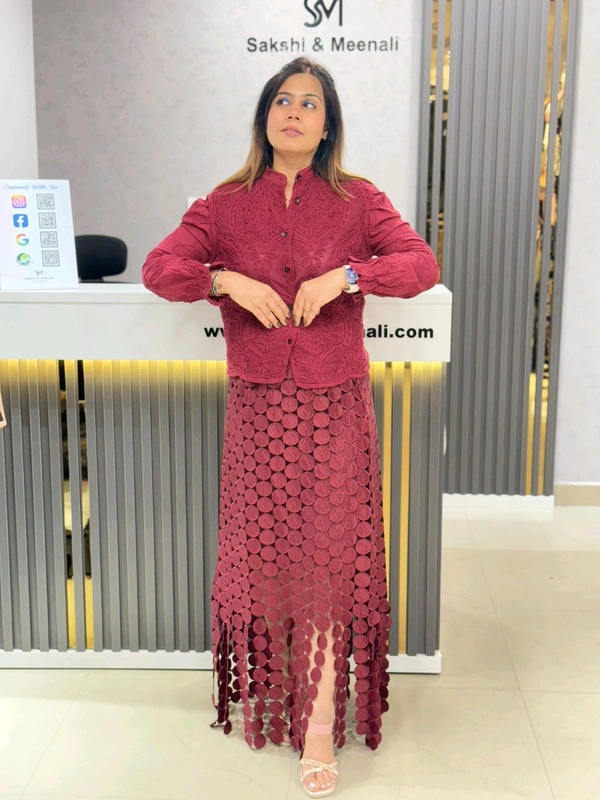 SKU 1835 Glam in Circles: Designer Dress - Maroon, Free Size M TO XL
