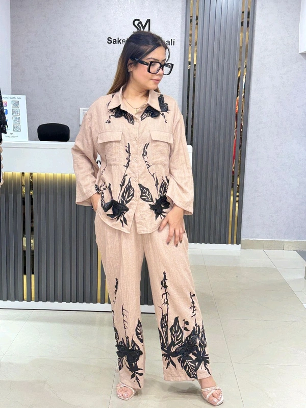 SKU 1836 Beautiful Cordset Eith 3D Flower Detailing  - Beige, Free Size M TO XL