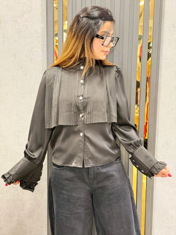 SKU 1839 Beautiful Satin Top With Flower Brouch  - Free Size M TO XL, Black