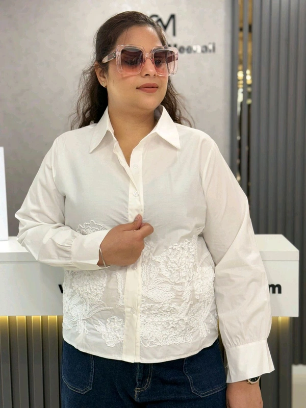 SKU 1841 Elegant Shirt With Ribbon Embroidery  - Free Size M TO XXL, White