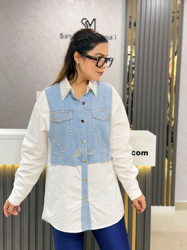 SKU 1845 Denim Shirt With Stud Detailing  - White, Free Size M TO XL