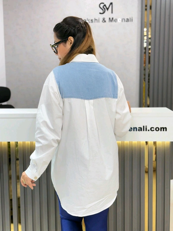 SKU 1845 Denim Shirt With Stud Detailing  - White, Free Size M TO XL