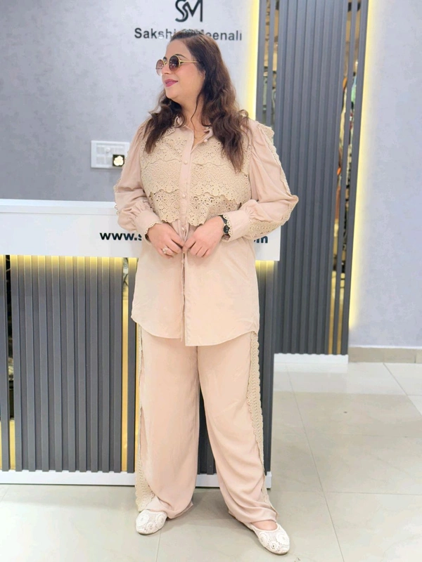 SKU 1847 Cordset With Lace Detailing  - Beige, Free Size M TO XXL