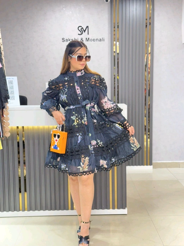 SKU 1849 Elegant Black Floral Lace Midi Dress with Belt - Black, Free Size M To 4XL