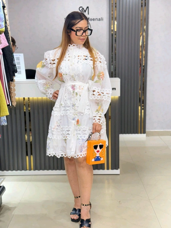SKU 1849 Elegant White Floral Lace Midi Dress with Belt - White, Free Size M To 4XL