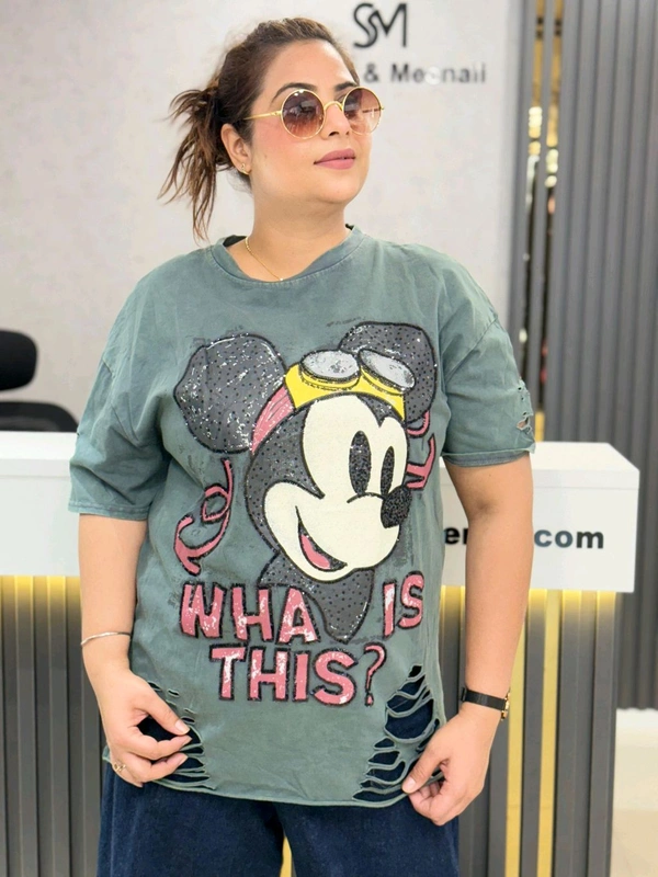 SKU 1850 Funky Tees Mickey Design With Rug Detailing  - Teal, Free Size M To 4XL