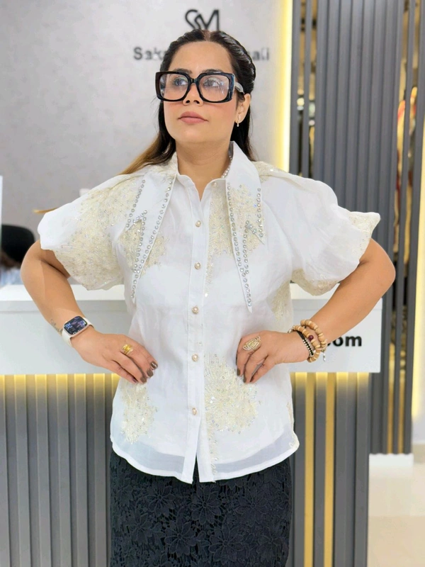 SKU 1852 Beautiful Shirt With Long Collar And Stud Detailing  - White, Free Size M TO XL