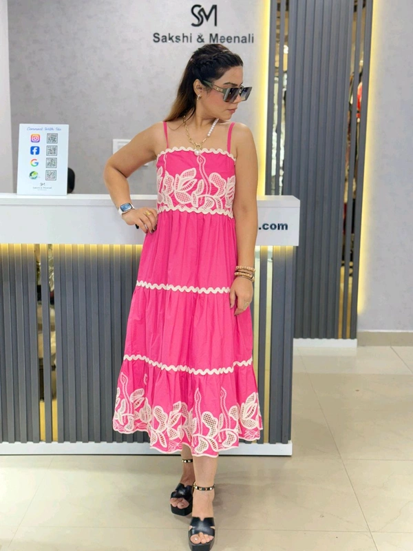 SKU 1857 Beautiful   Dress With Embroiderey And Straps - Hot Pink, Free Size M TO XL
