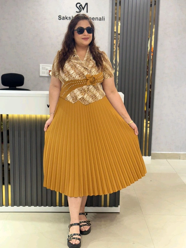 SKU 1650 Timeless Pleated Midi Dress for Effortless Style - Pirate Gold, Free Size M To 5xl