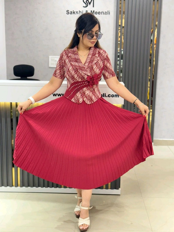 SKU 1650 Timeless Pleated Midi Dress for Effortless Style - Red, Free Size M To 5xl