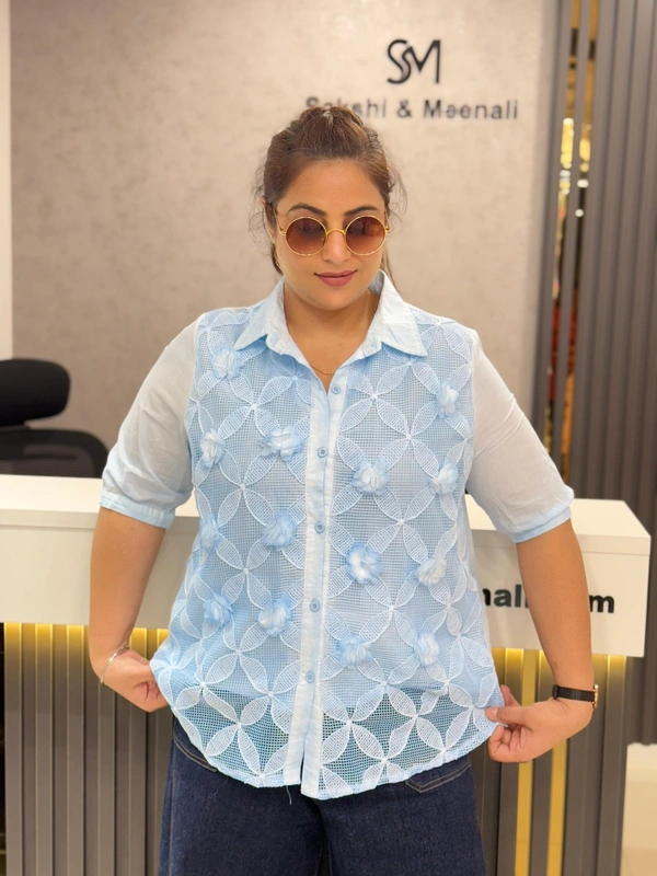 SKU 1860 Pastel Floral Lace Shirts – Lightweight & Elegant Summer Wear - Aqua, Free Size M TO XXL