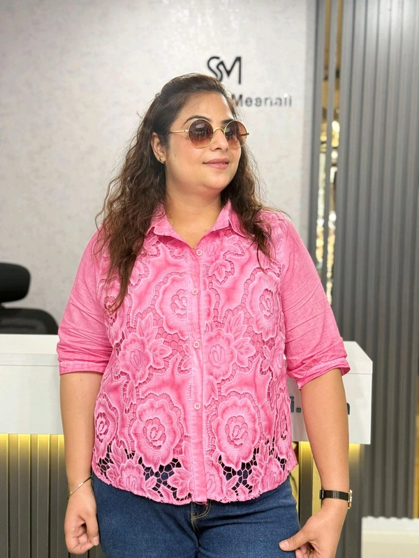 SKU 1863 Pastel Floral Lace Shirts – Lightweight & Elegant Summer Wear - Free Size M TO XXL, Blush Pink