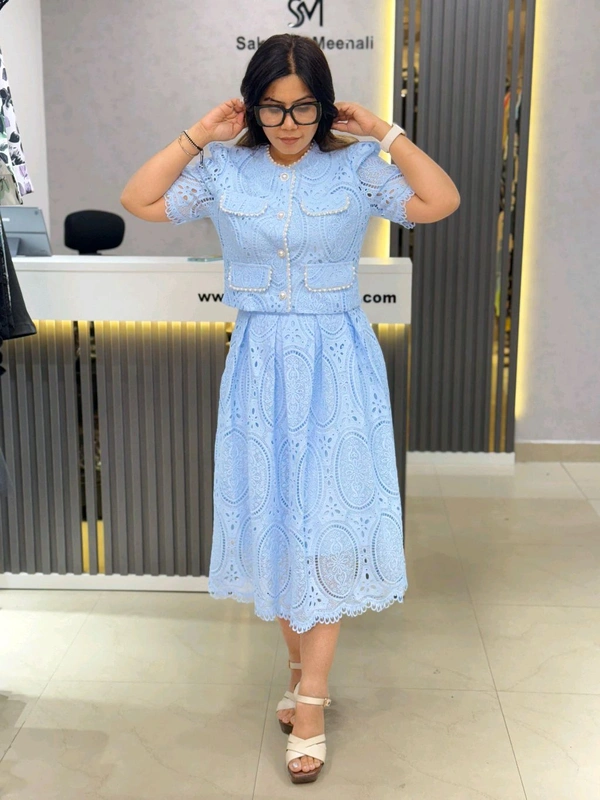 SKU 1865 Lace Dress With Pearl Detailing - Pastel Blue, Free Size M To XL
