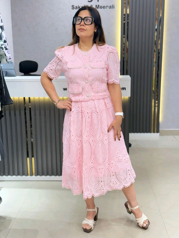 SKU 1865 Lace Dress With Pearl Detailing - Pink, Free Size M To XL