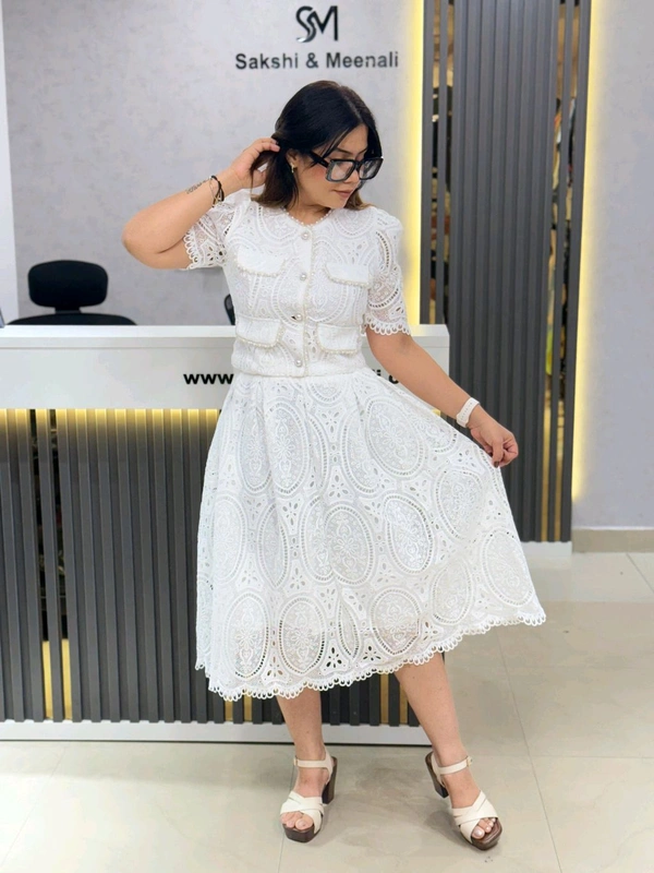 SKU 1865 Lace Dress With Pearl Detailing - Free Size M To XL, White