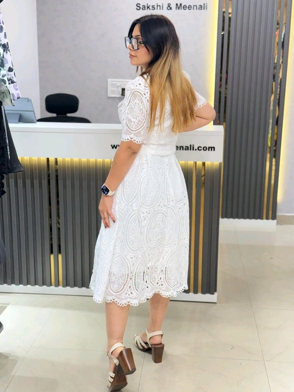 SKU 1865 Lace Dress With Pearl Detailing - Free Size M To XL, White