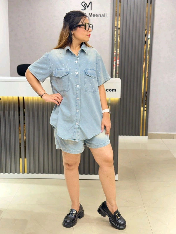 SKU 1866 Beautiful Denim Cordset With Shorts And Stud Detailing - Ice Blue, Free Size M To XL