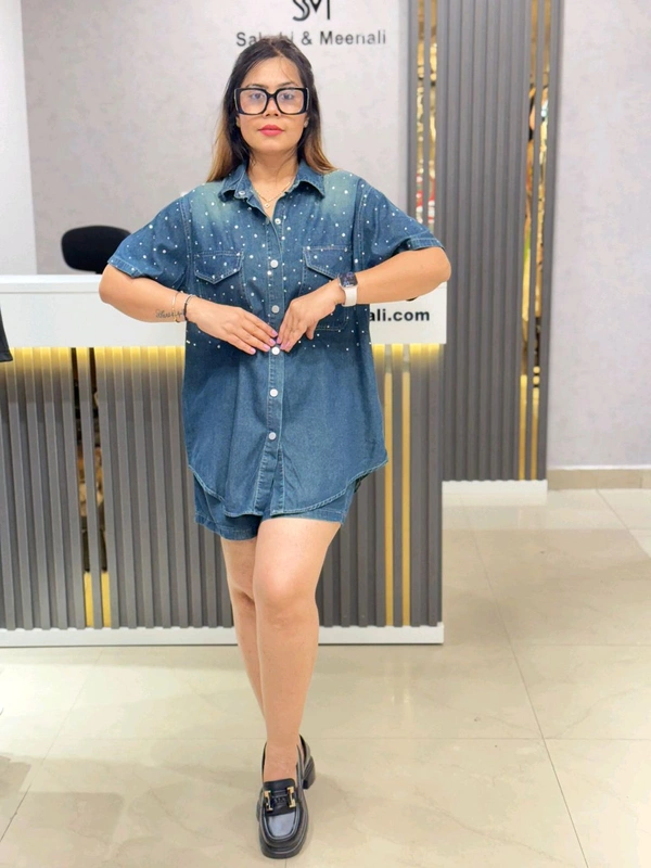 SKU 1866 Beautiful Denim Cordset With Shorts And Stud Detailing - Dark Blue, Free Size M To XL