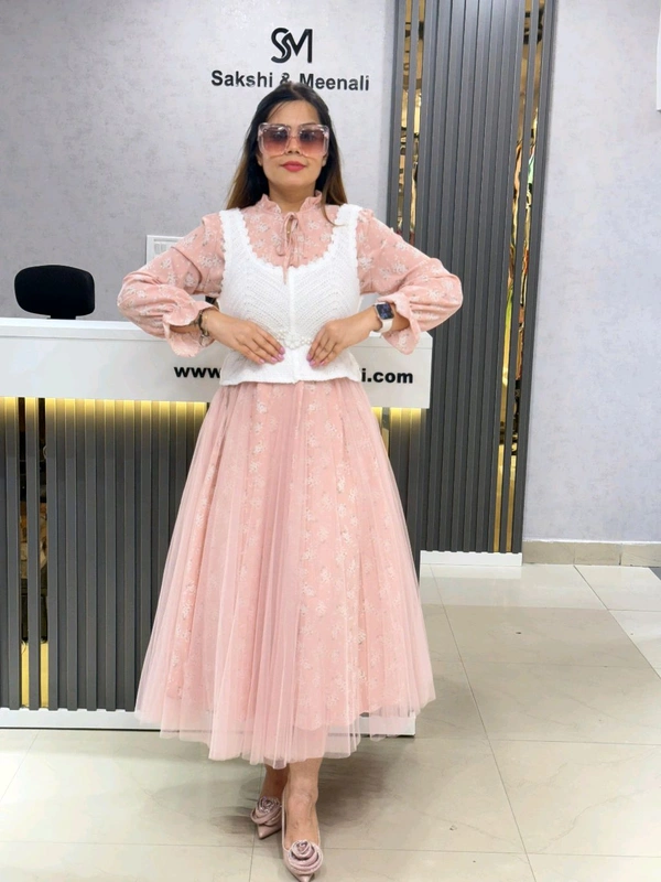 SKU 1867 Korean Dress With Crochet And Pearl Belt - Pink, Free Size M To XL